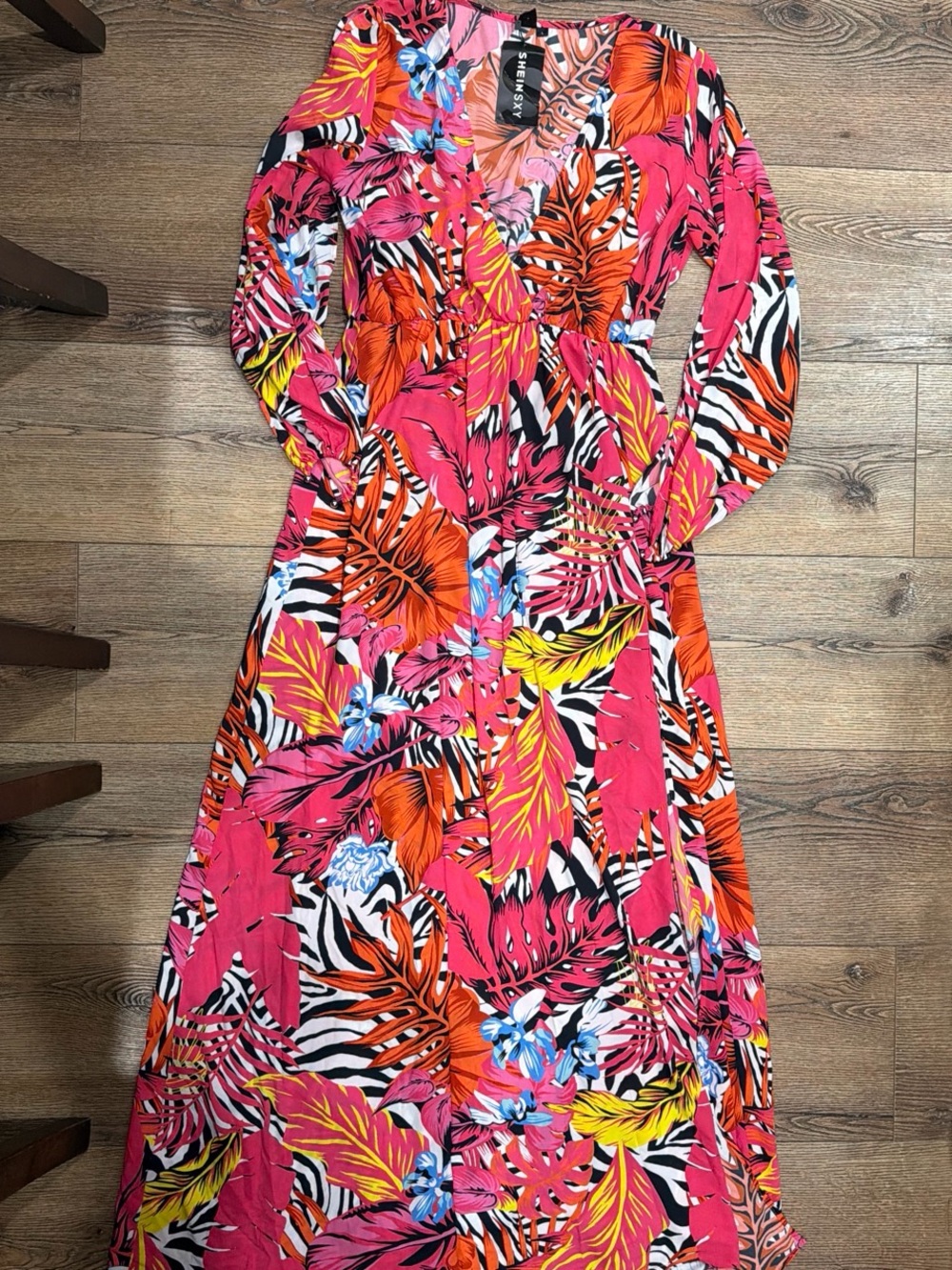 SHEIN Bright Pink & Orange Tropical Floral Wrap Dress